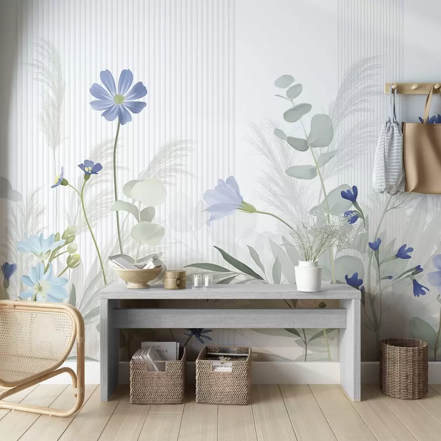 wall murals Flowers in pastel colors, light green leaves, white background with vertical lines, elegant and minimalist w09161v1