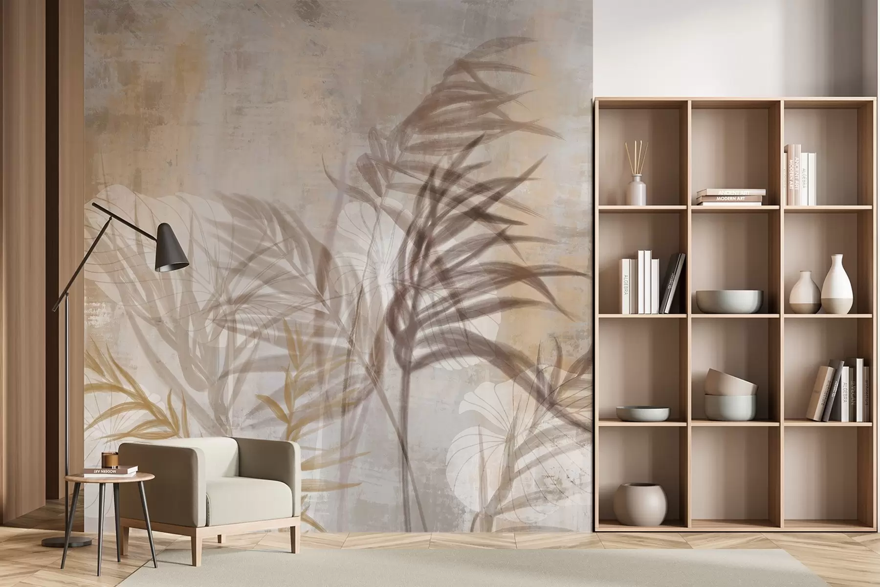 wall murals Beige and brown botanical illustration of pampas grass, soft textures, and a minimalist composition w09162