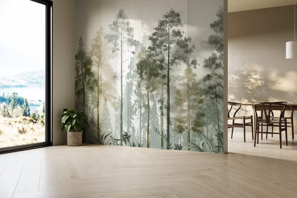 peintures murales Une forêt dense avec de grands pins, un feuillage vert luxuriant, une atmosphère brumeuse avec des textures de lignes verticales w09163