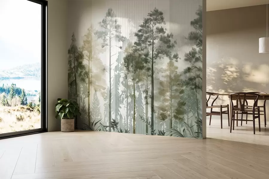 wall murals A dense forest with tall pine trees, lush green foliage, a misty atmosphere with vertical lines textures w09163