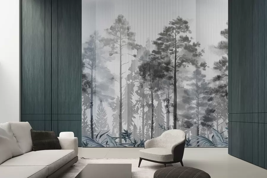 peintures murales Une forêt dense avec de grands pins, un feuillage gris et luxuriant, une atmosphère brumeuse avec des textures de lignes verticales w09163v2