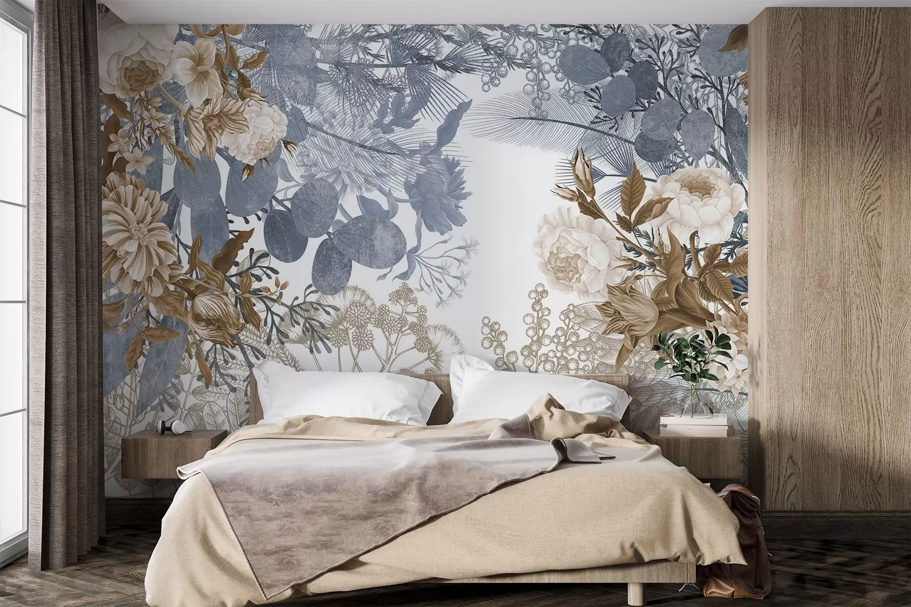 Wall Mural Photo Wallpaper Vintage floral arrangement with roses, eucalyptus, and mimosa in shades of blue and brown  w09164