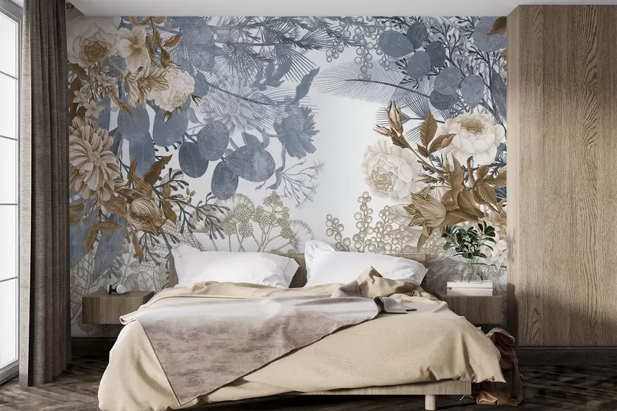 Wall Mural Photo Wallpaper Vintage floral arrangement with roses, eucalyptus, and mimosa in shades of blue and brown  w09164