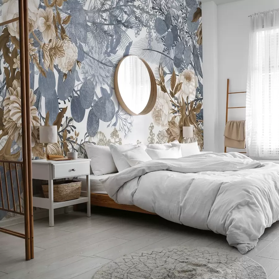 murales Arreglo floral vintage con rosas, eucalipto y mimosa en tonos azules y marrones w09164