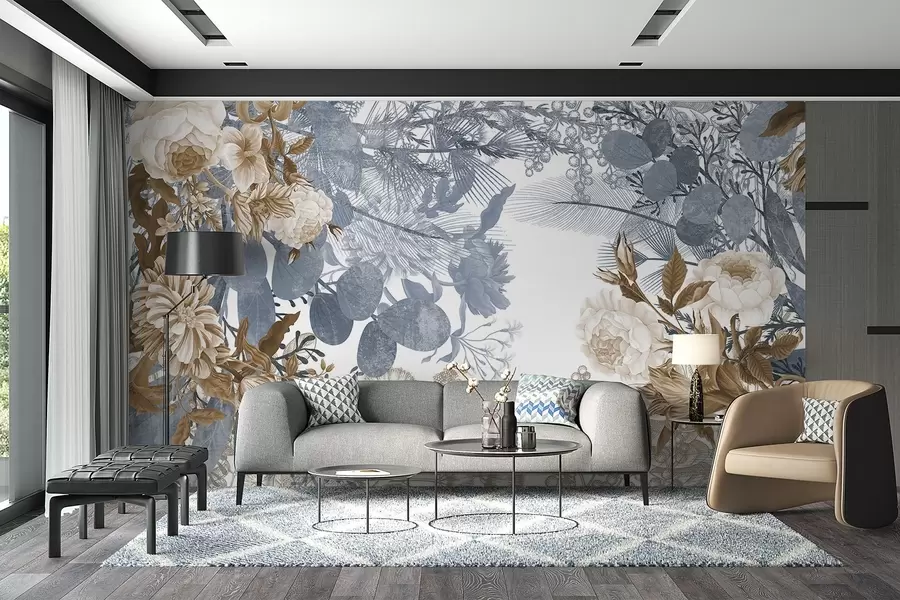 peintures murales Arrangement floral vintage avec des roses, de l'eucalyptus et du mimosa dans des tons bleus et bruns w09164