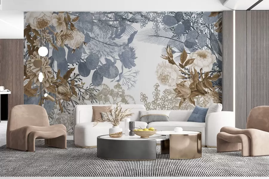 Wall Mural Photo Wallpaper Vintage floral arrangement with roses, eucalyptus, and mimosa in shades of blue and brown  w09164