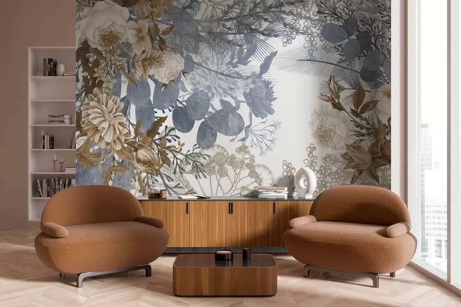 wall murals Vintage floral arrangement with roses, eucalyptus, and mimosa in shades of blue and brown w09164