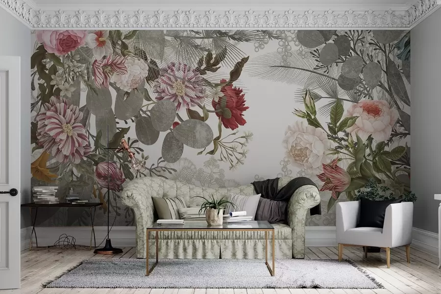 peintures murales Arrangement floral vintage composé de roses, d'eucalyptus et de mimosa dans des tons verts, rouges et roses w09164v1