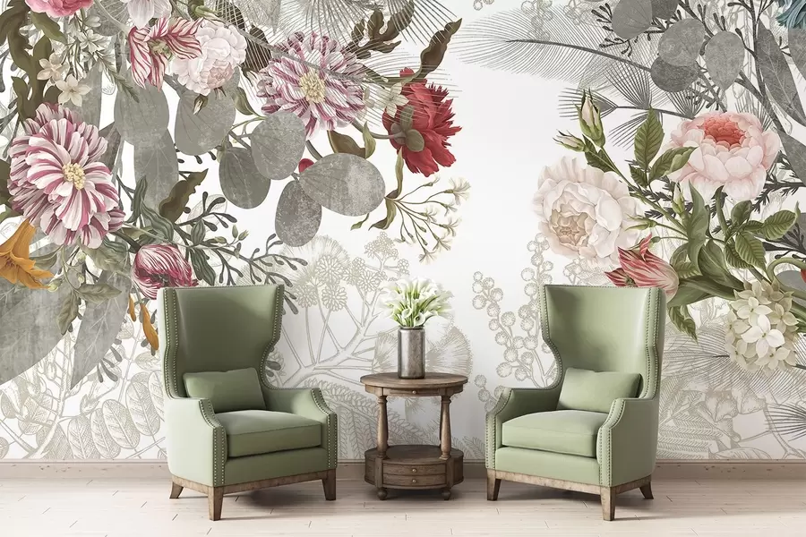 murales Arreglo floral vintage con rosas, eucalipto y mimosa en tonos verde apagado, rojo y rosa w09164v1