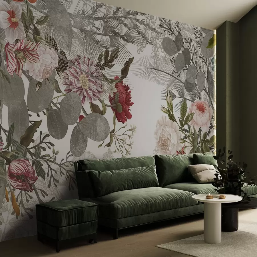 wall murals Vintage floral arrangement with roses, eucalyptus, and mimosa in shades of muted green, red and pink w09164v1