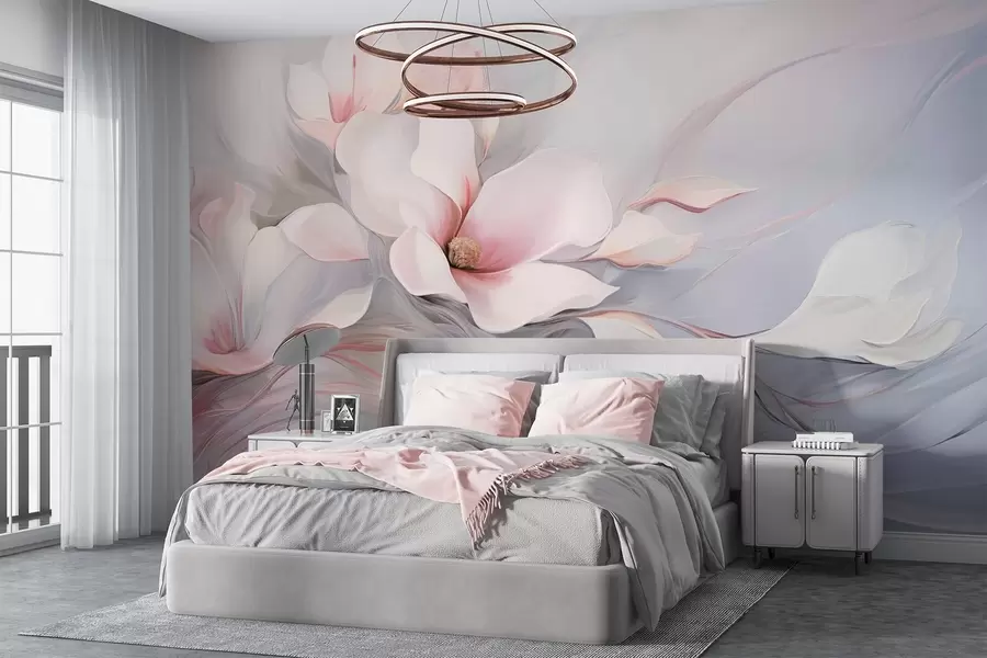 Wall Mural Photo Wallpaper Delicate magnolia flowers with pink petals and white leaves, a smooth texture, flowing lines w09165