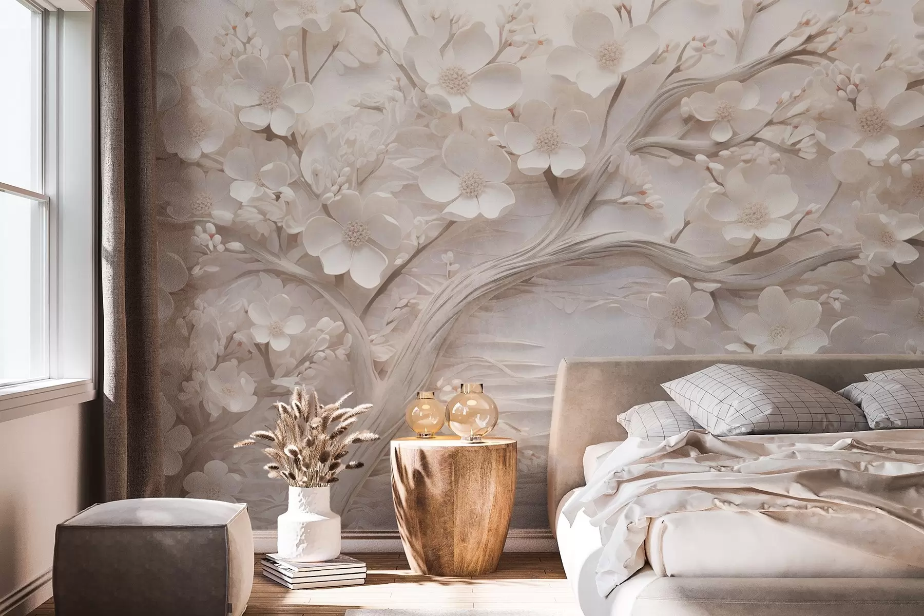 Wall Mural Photo Wallpaper Textured tree with white flowers and a brown trunk, the background is white with horizontal lines soft lighting w09166