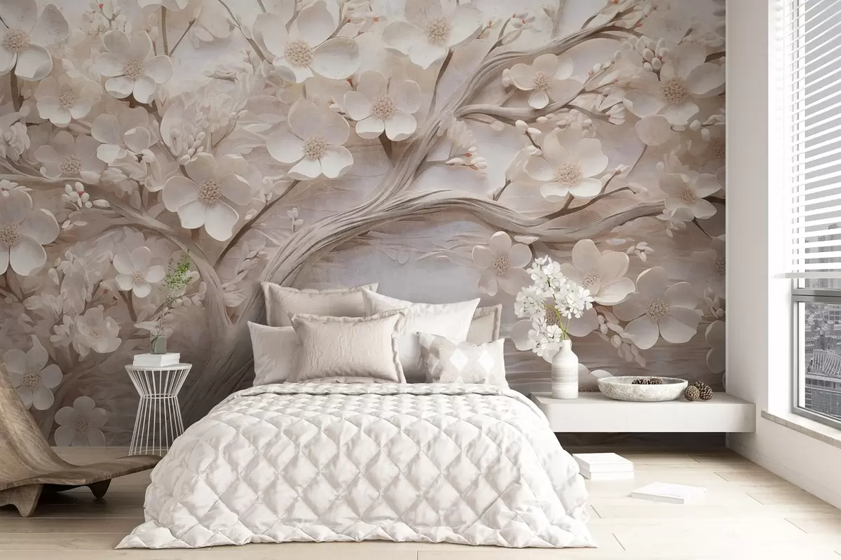 murales Árbol texturizado con flores blancas y tronco marrón, el fondo es blanco con líneas horizontales iluminación suave w09166
