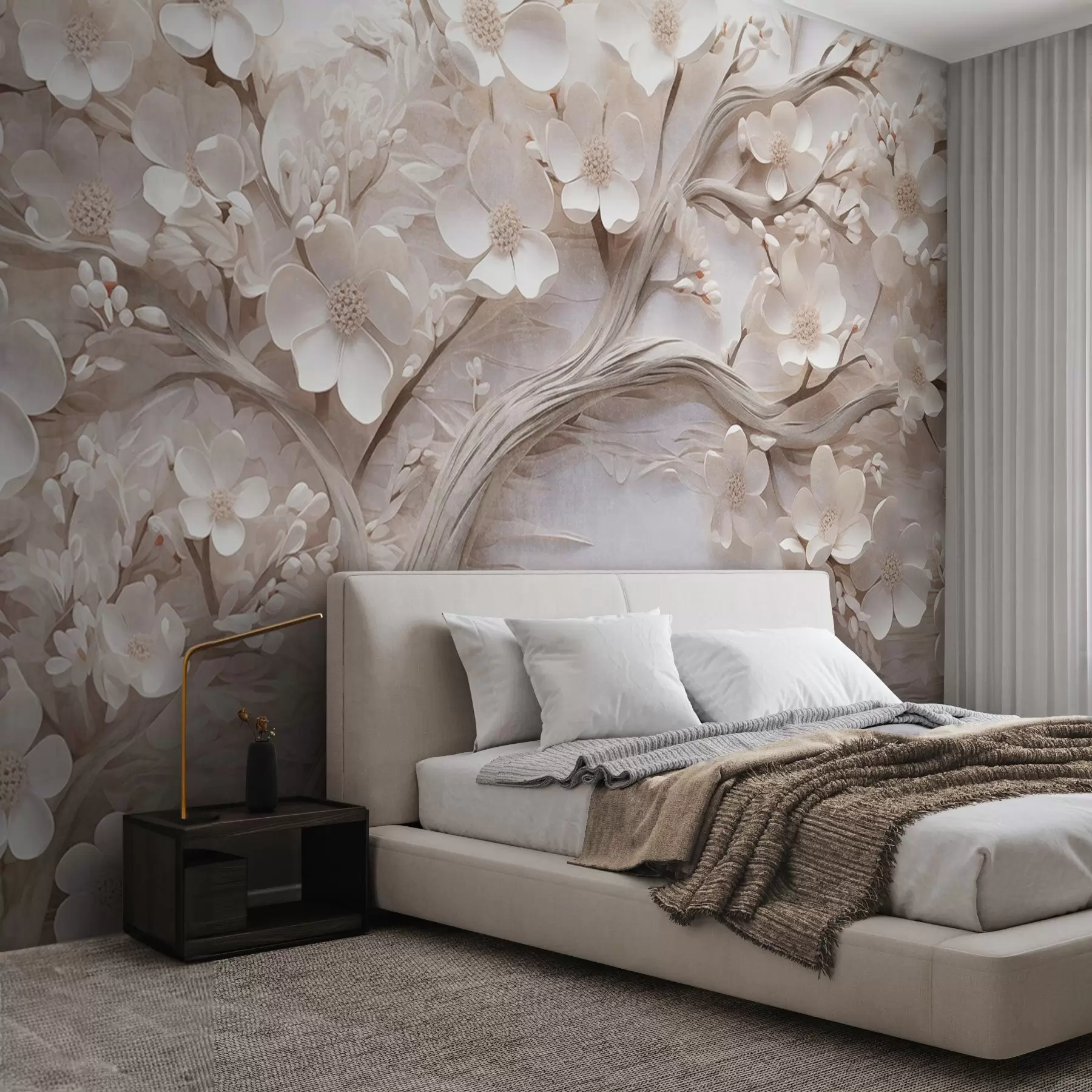 wall murals Textured tree with white flowers and a brown trunk, the background is white with horizontal lines soft lighting w09166