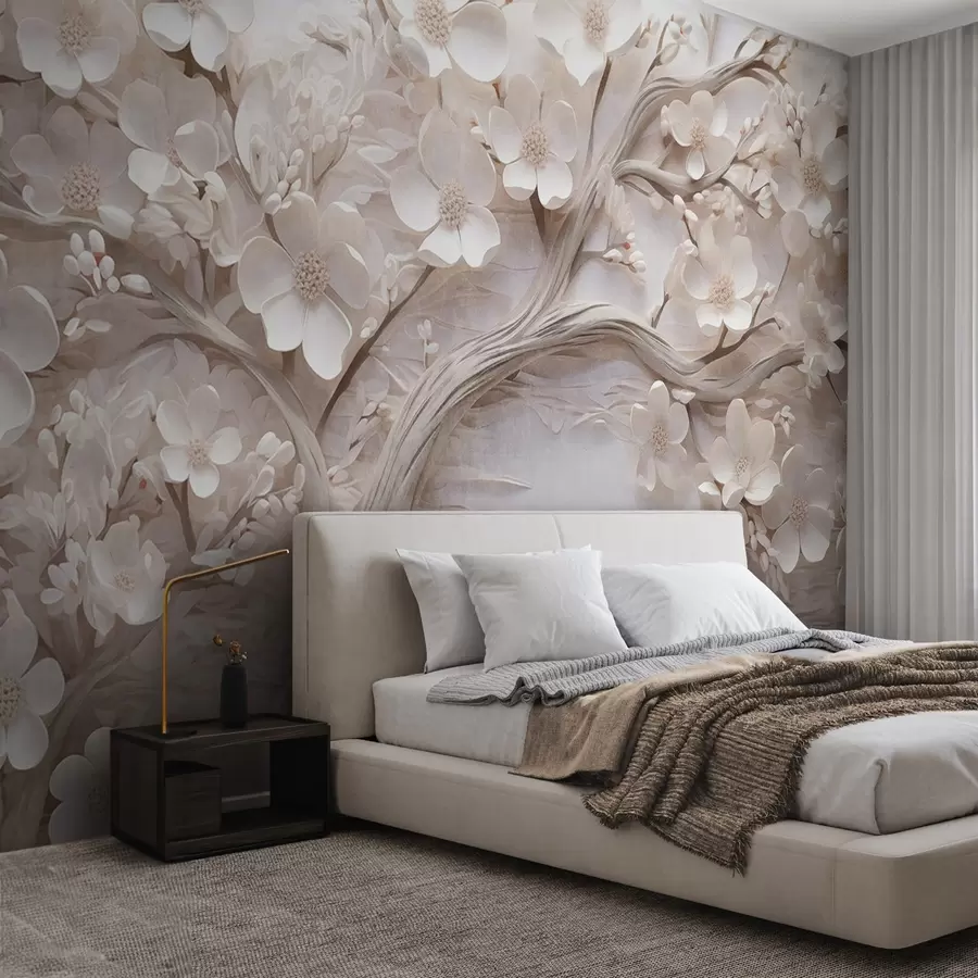 Wall Mural Photo Wallpaper Textured tree with white flowers and a brown trunk, the background is white with horizontal lines soft lighting w09166