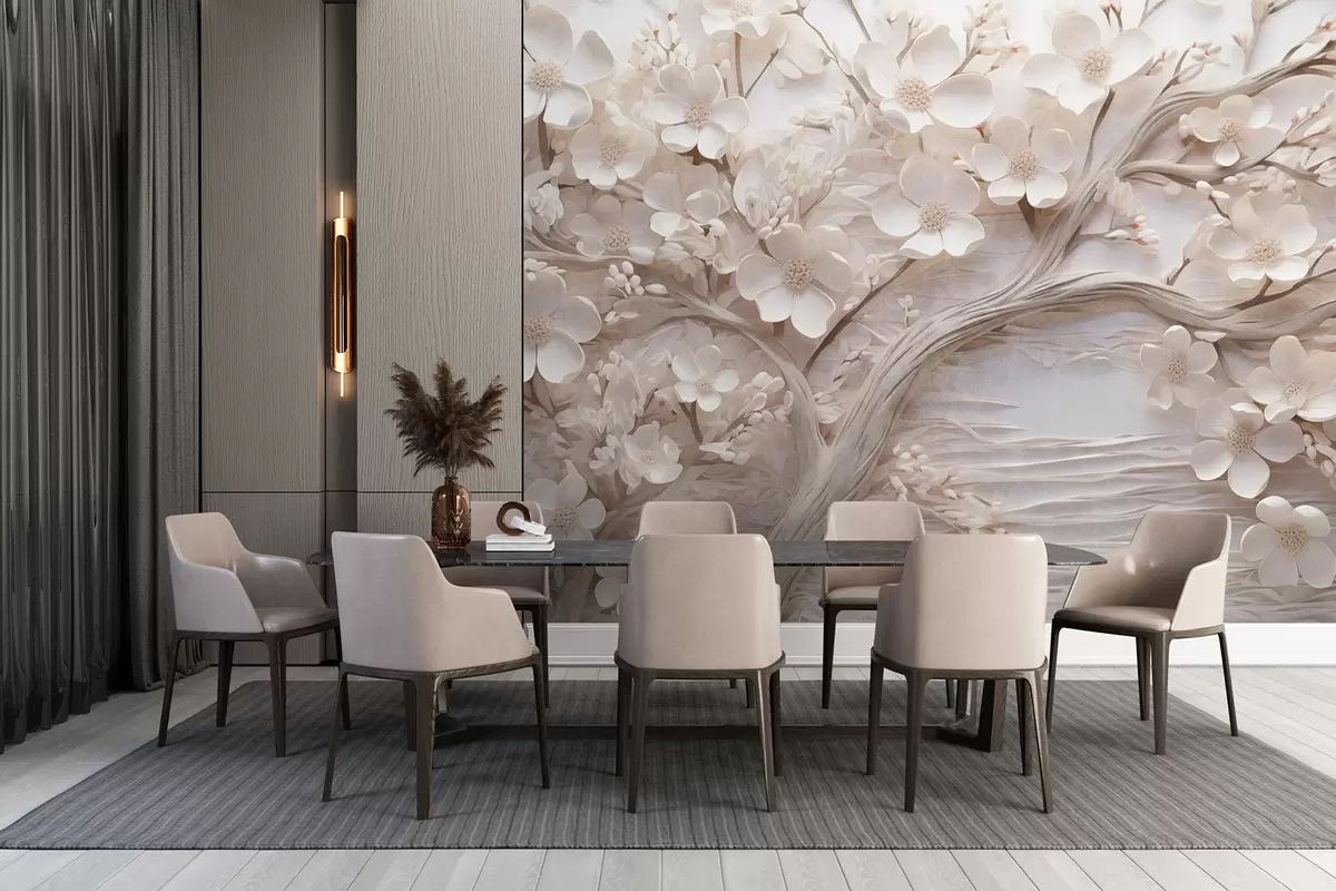 murales Árbol texturizado con flores blancas y tronco marrón, el fondo es blanco con líneas horizontales iluminación suave w09166