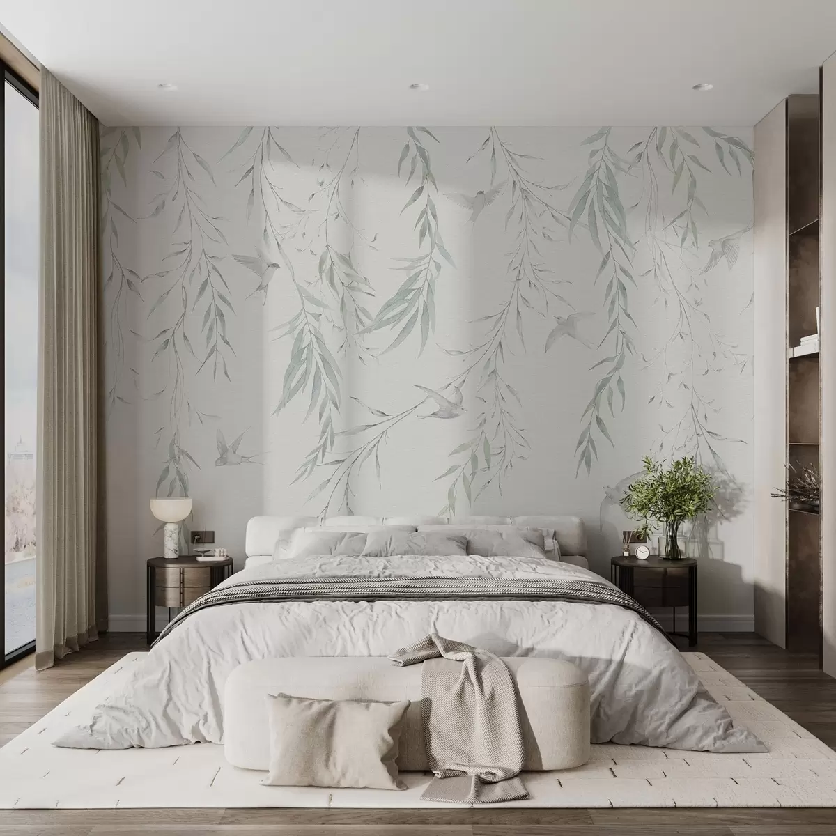Wall Mural Photo Wallpaper Twigs with green leaves hanging and birds w04052