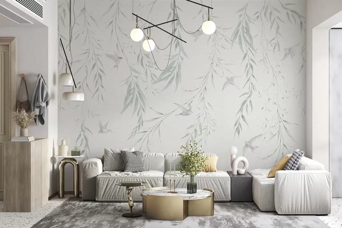 Wall Mural Photo Wallpaper Twigs with green leaves hanging and birds w04052