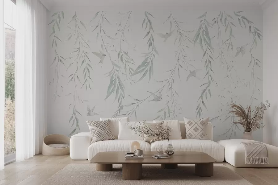 Wall Mural Photo Wallpaper Twigs with green leaves hanging and birds w04052