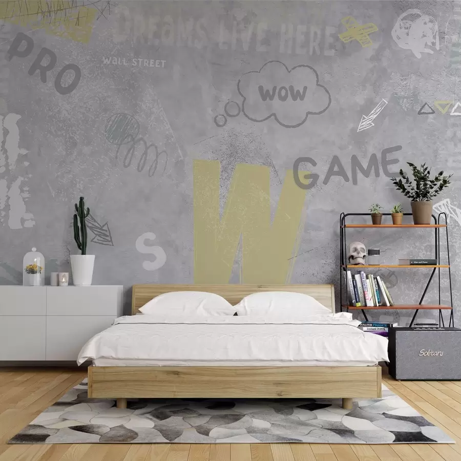 Wall Mural Photo Wallpaper Design in street art style with yellow color inscriptions on the background of concrete wall w04056