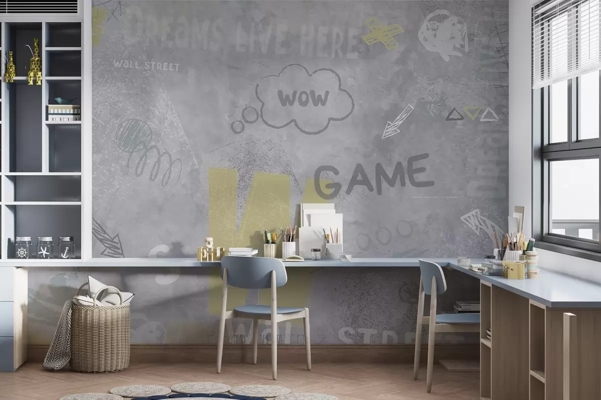 wall murals Design in street art style with yellow color inscriptions on the background of concrete wall w04056