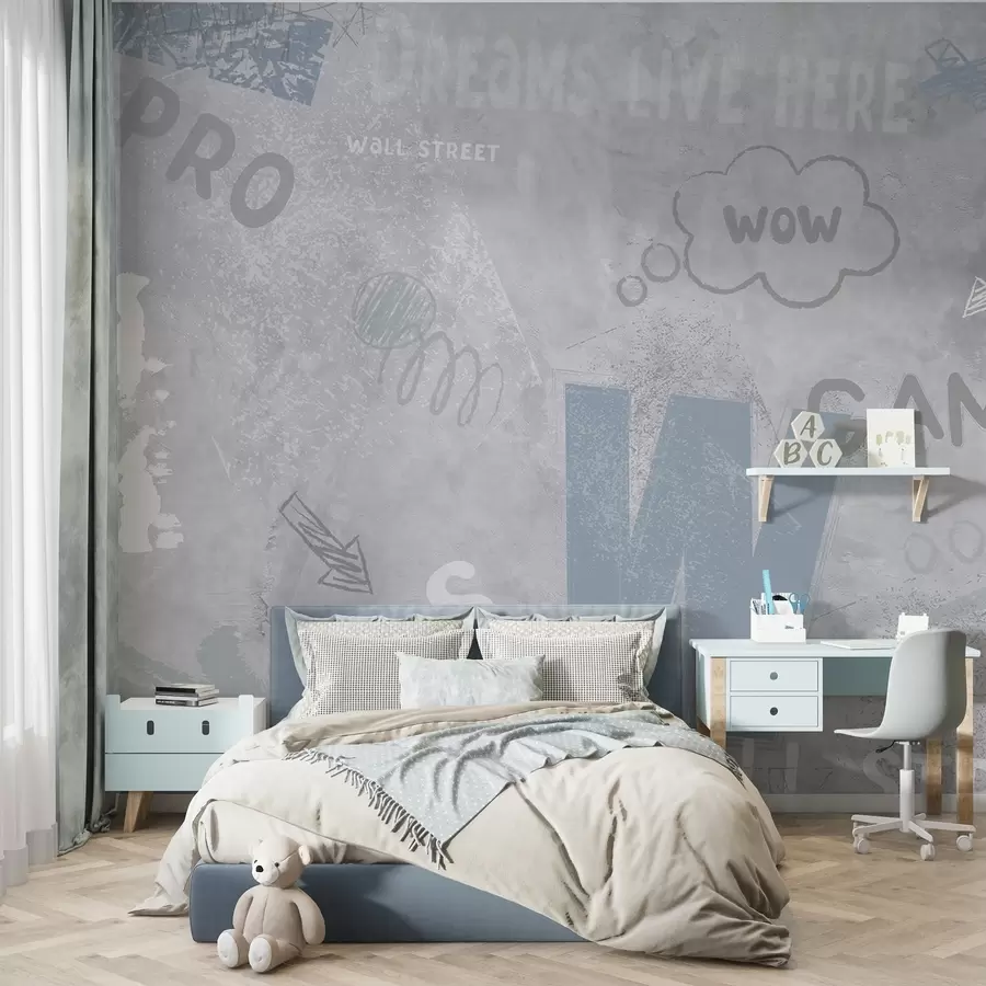 wall murals Design in street art style with blue color inscriptions on the background of concrete wall w04056v1