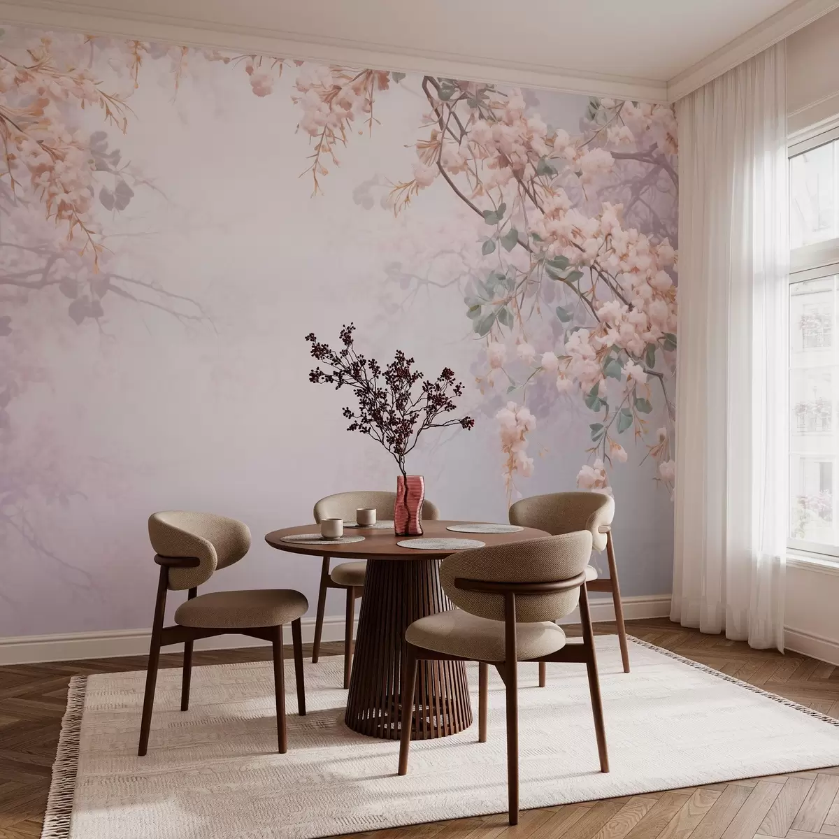 wall murals Branches of flowering tree in the fog w04062