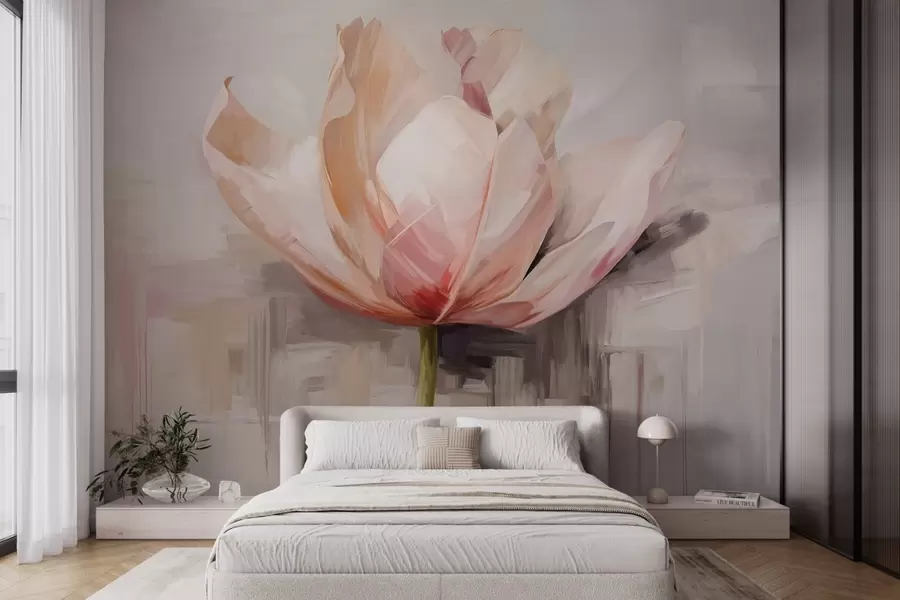 murais de parede Tulipa cor-de-rosa, imitação de pintura a óleo com pinceladas suaves, fundo abstrato com tons pastel de cinzento e bege w09187