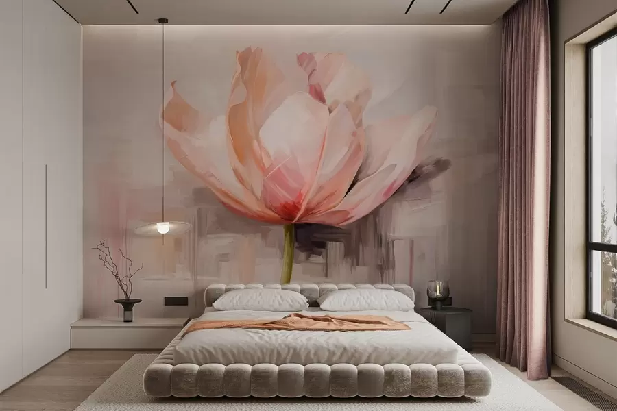 murales Tulipán rosa, imitación de pintura al óleo con suaves pinceladas, fondo abstracto con tonos pastel de gris y beige w09187