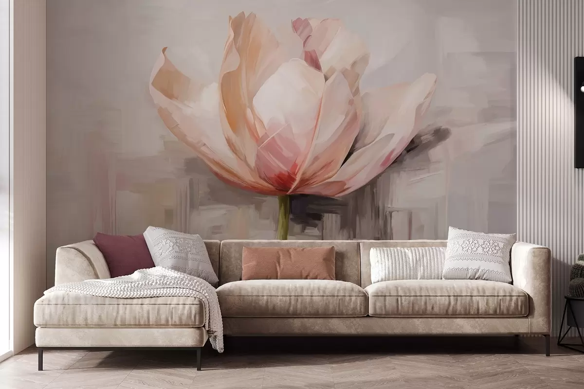 Wall Mural Photo Wallpaper Pink tulip, oil painting imitation with soft brush strokes, abstract background with pastel shades of gray and beige w09187