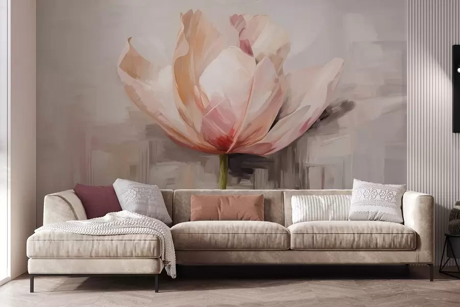 Wall Mural Photo Wallpaper Pink tulip, oil painting imitation with soft brush strokes, abstract background with pastel shades of gray and beige w09187