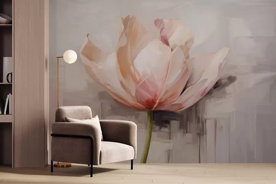 murais de parede Tulipa cor-de-rosa, imitação de pintura a óleo com pinceladas suaves, fundo abstrato com tons pastel de cinzento e bege w09187