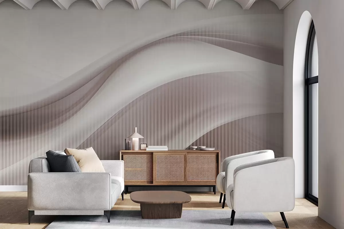 wall murals Abstract print with flowing lines and subtle vertical stripes, creating a sense of movement and depth, beige palette w09189