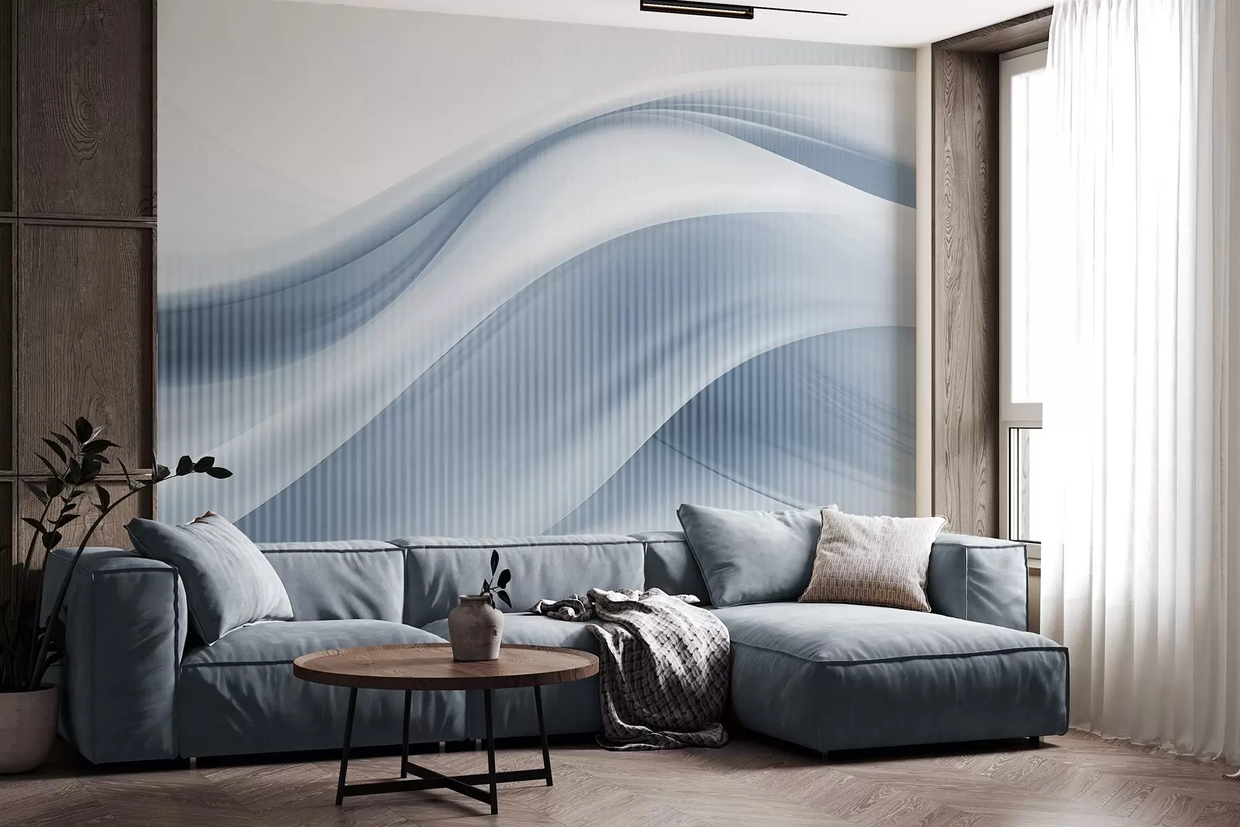 Wall Mural Photo Wallpaper Abstract print with flowing lines and subtle vertical stripes, creating a sense of movement and depth, blue palette w09189v1