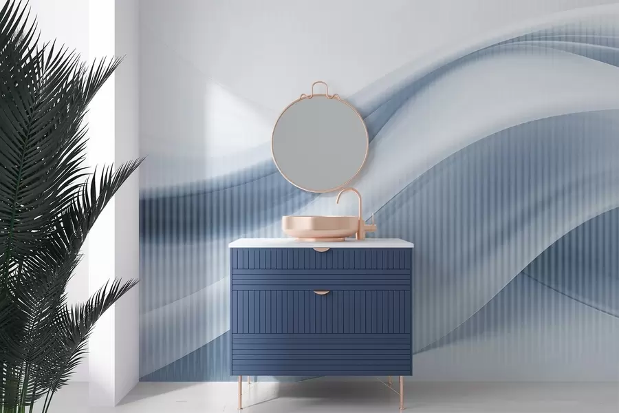 murales Estampado abstracto con líneas fluidas y sutiles rayas verticales, que crean una sensación de movimiento y profundidad, paleta azul w09189v1