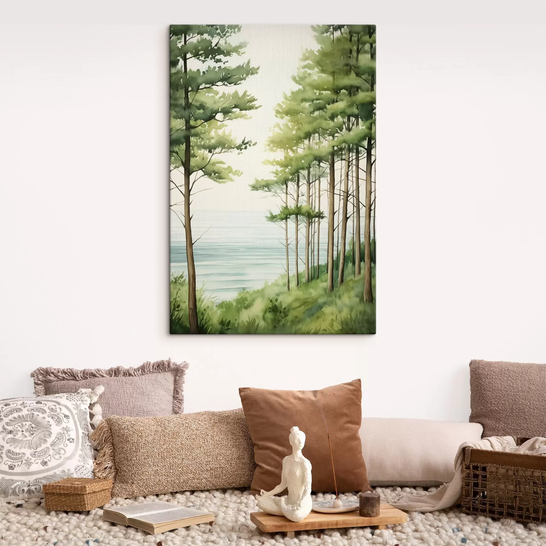 murales Bosque de pinos verdes cerca del mar, estilo acuarela s44603