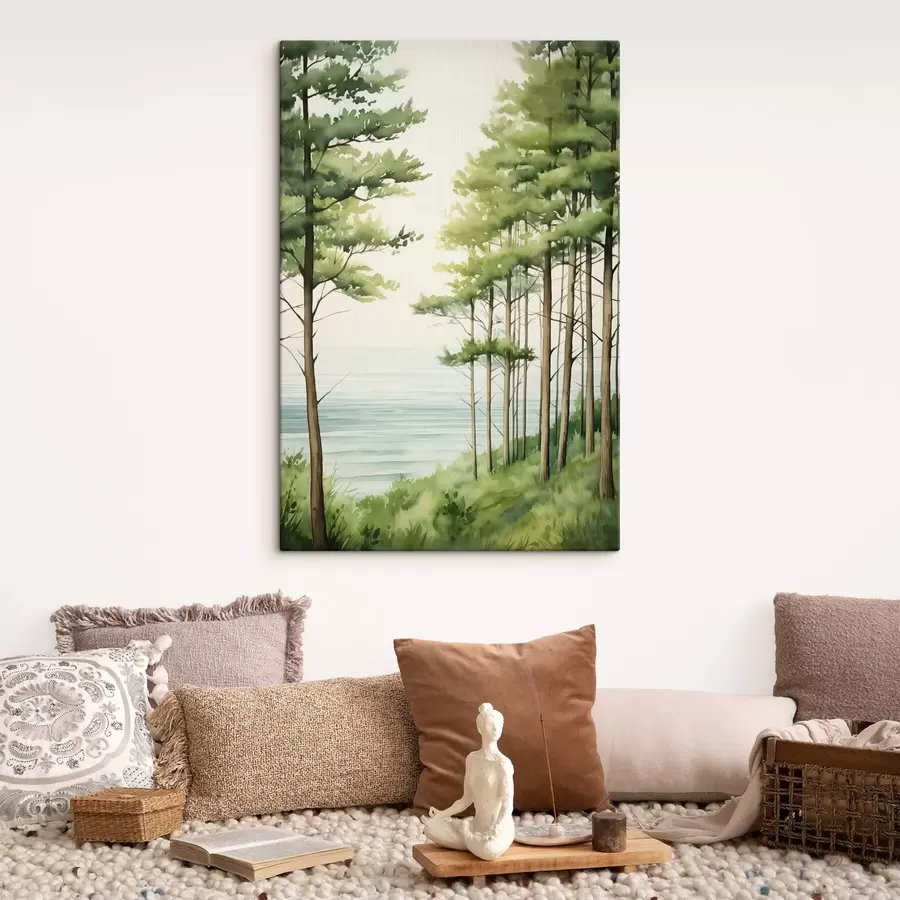 wall murals Green pine forest near the sea, watercolor style s44603