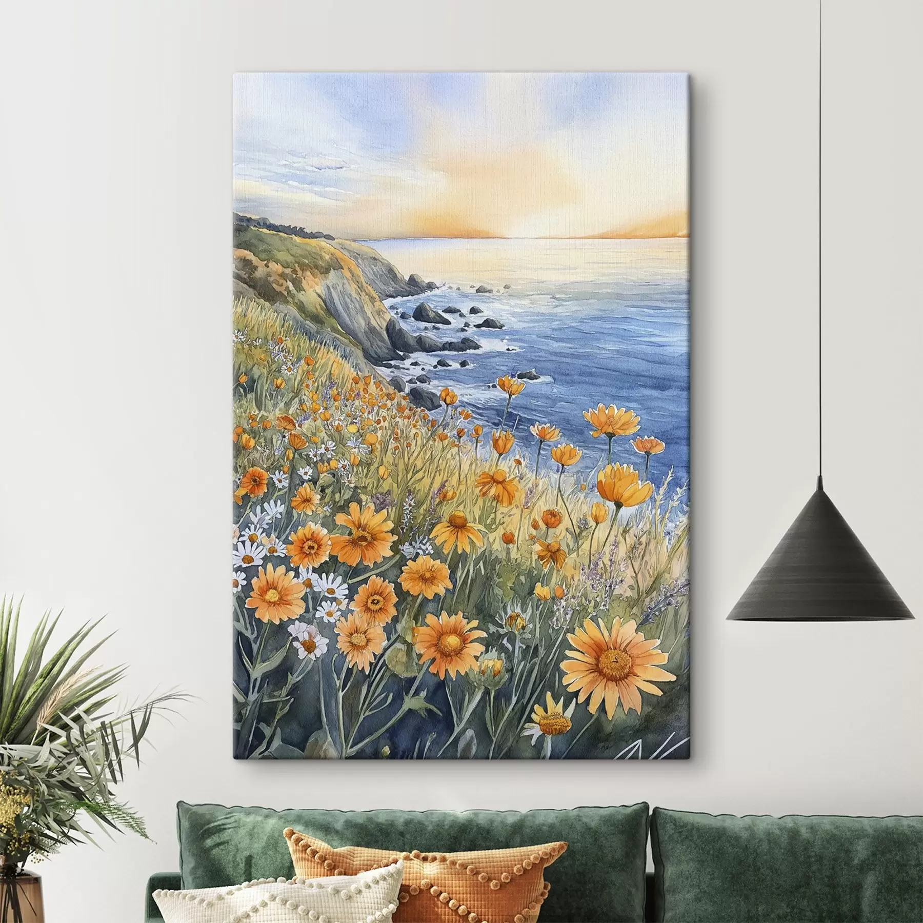 wall murals Cliff with orange flowers, ocean coast, Portugal, watercolor style s44604