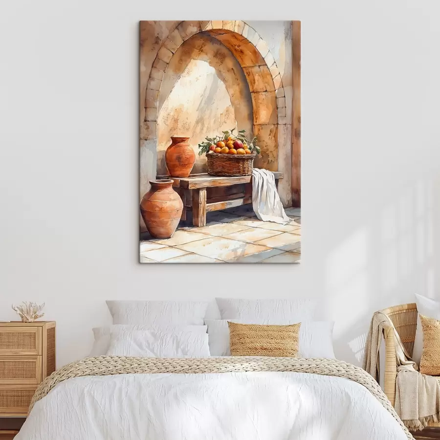 wall murals Aesthetic vases and wicker basket with oranges, Tuscany, rustic style s44605