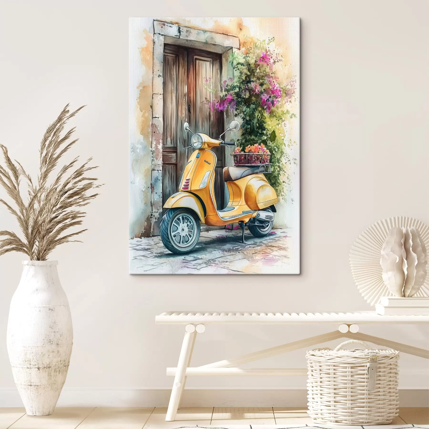 wall murals Yellow Vespa scooter near wooden door with flowers s44607