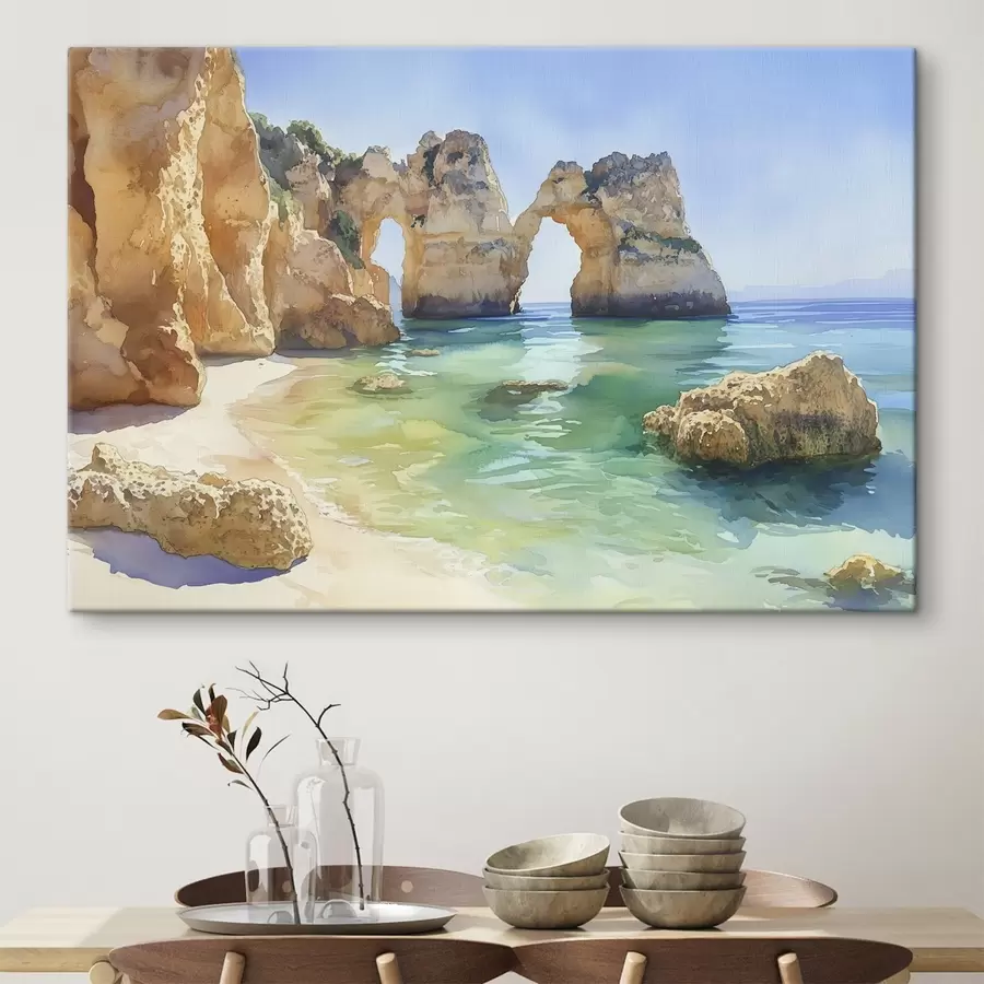 wall murals Ocean beach with rock cliffs, Portugal, summer, aquamarine  s44608