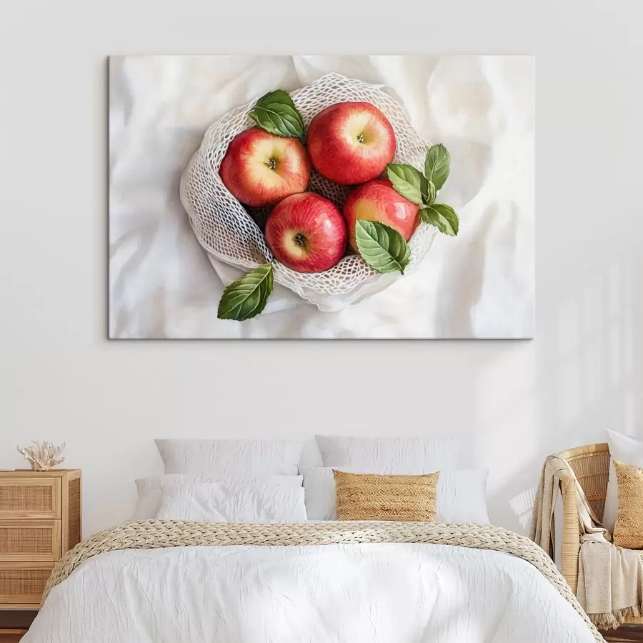 wall murals Red apples in the linen bag with mint leaves, rustic style, fruits s44609