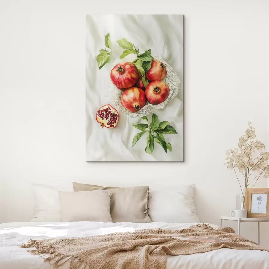 wall murals Pomegranates with mint leaves on the linen tablecloths, rustic style s44611