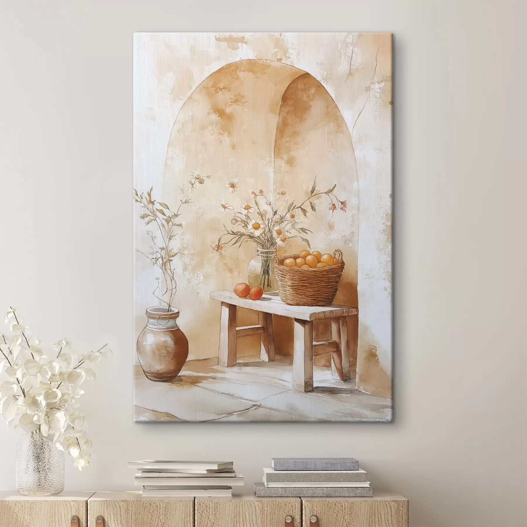 wall murals Arch wall with antique jar, camomile flowers and basket of oranges  s44613