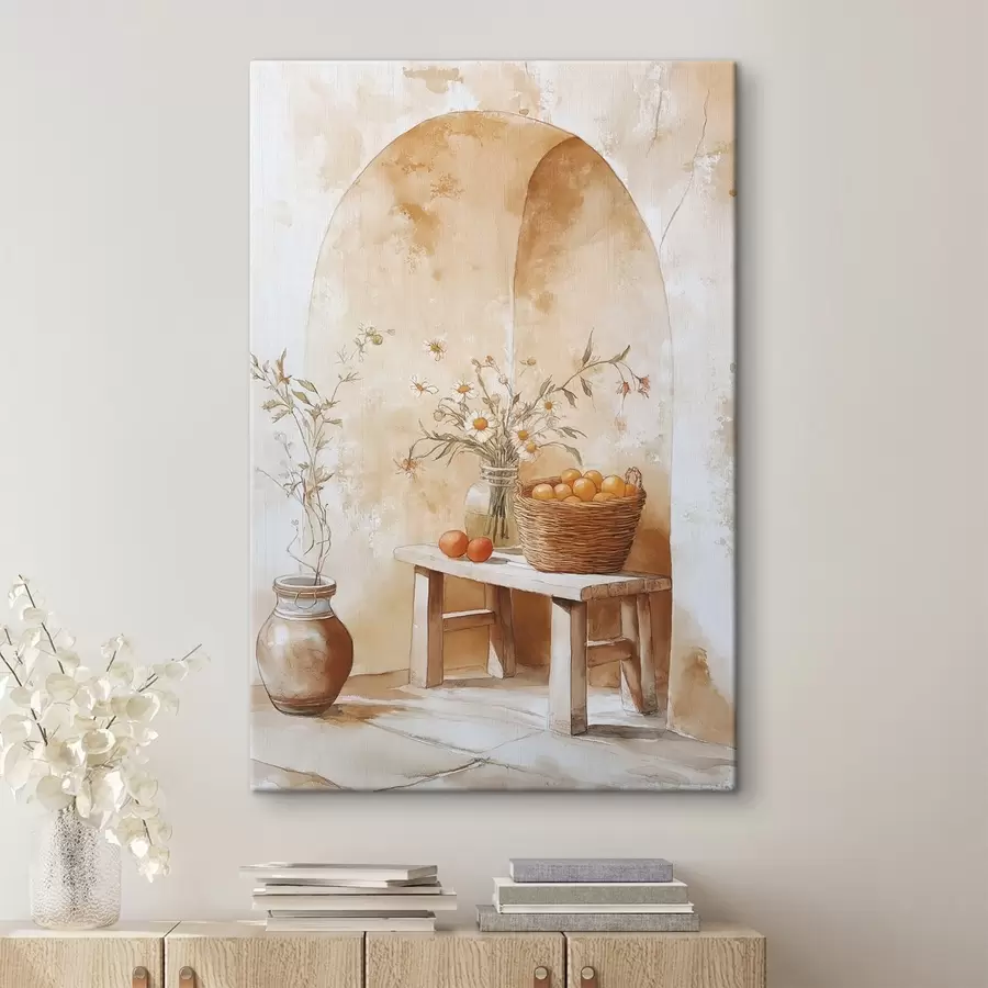 wall murals Arch wall with antique jar, camomile flowers and basket of oranges  s44613