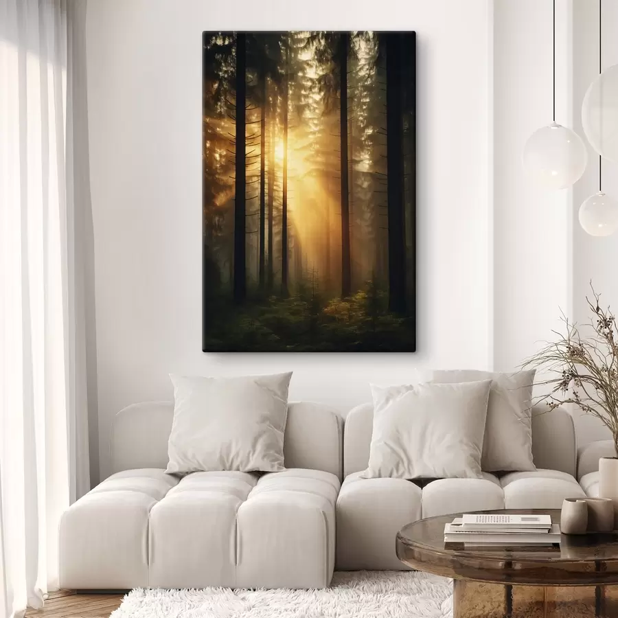 murales Denso bosque de pinos con luz del atardecer, realismo, naturaleza s44615