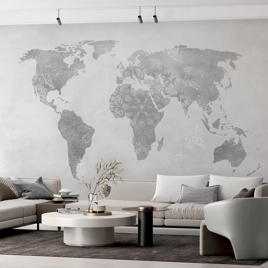wall murals World map with pattern, monochrome shades w03954v1