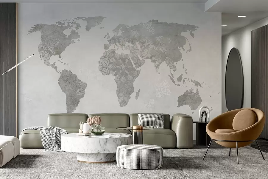 murales Mapamundi con motivos, tonos monocromos w03954v1