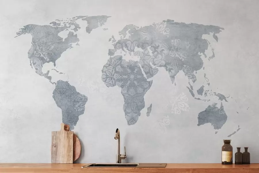 Wall Mural Photo Wallpaper World map with pattern, blue shades w03954v2