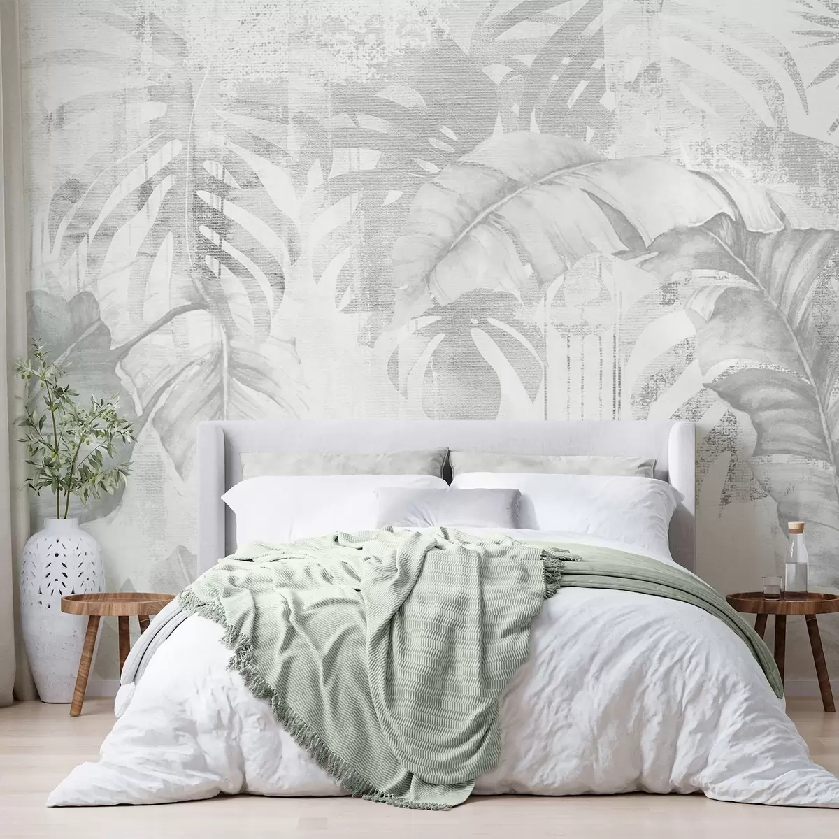 Wall Mural Photo Wallpaper Tropical leaves in grunge style, monochrome shades w03956v1